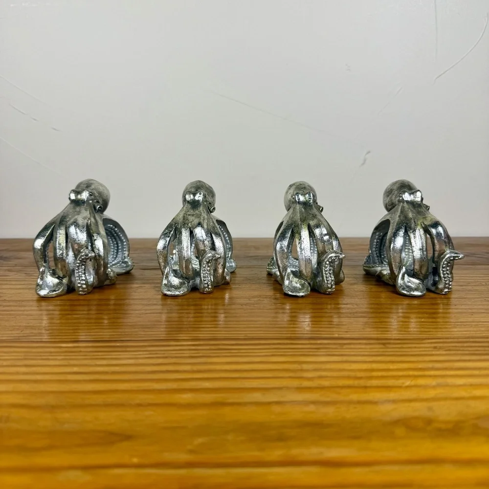 Set of 4 Silver Octopus Napkin Rings | Coastal Resin Sculpted Design | Nautical - Picture 9 of 15